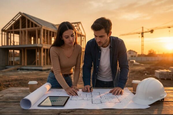 Consórcio para construção de imóveis. Um casal fazendo o planejamento da sua casa.