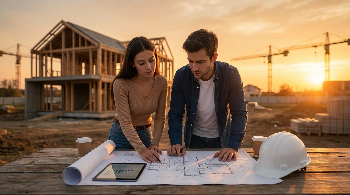 Consórcio para construção de imóveis. Um casal fazendo o planejamento da sua casa.